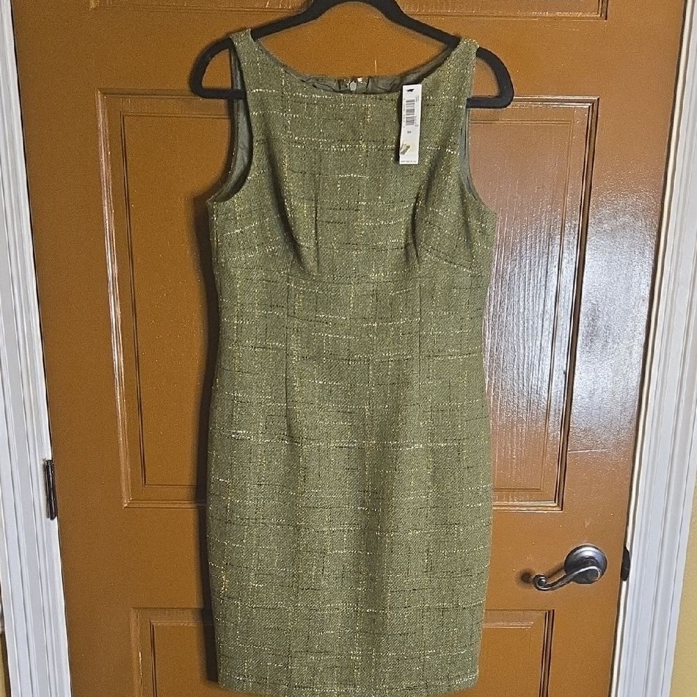 Laundry-Wool blend olive green sleeveless plaid straight dress Size 10. NWT.